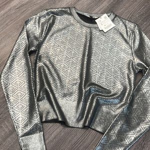 🪐 Zara Silver Cropped Foil LongSleeve Sweater NWT size S